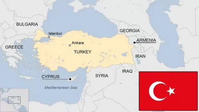 A map showing where Turkey is located and its neighbouring countries