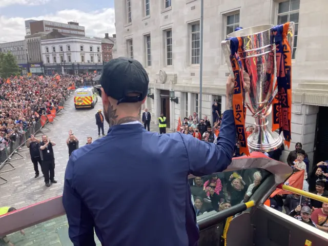 Players celebrating Luton Town's promotion