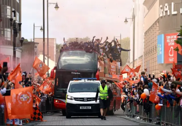 Luton Town bus arriving for St George's Square celebrations