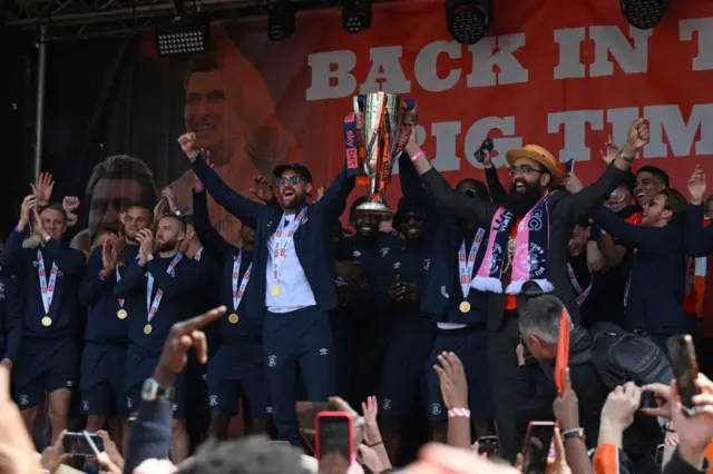 Luton Town celebrate promotion with a party in St George's Square, Luton