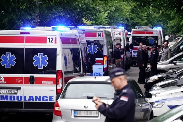 Ambulances taking the wounded to the hospitals in Belgrade school shooting