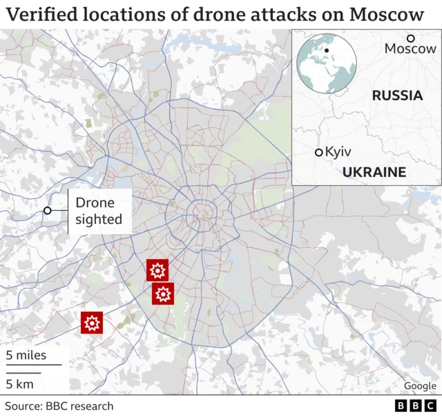 Map showing the location of three verified drone strikes on Moscow