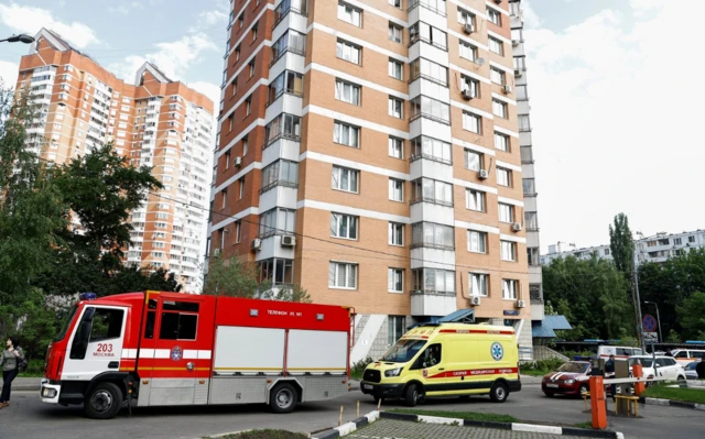 Emergency services at the scene of a tower block in Moscow