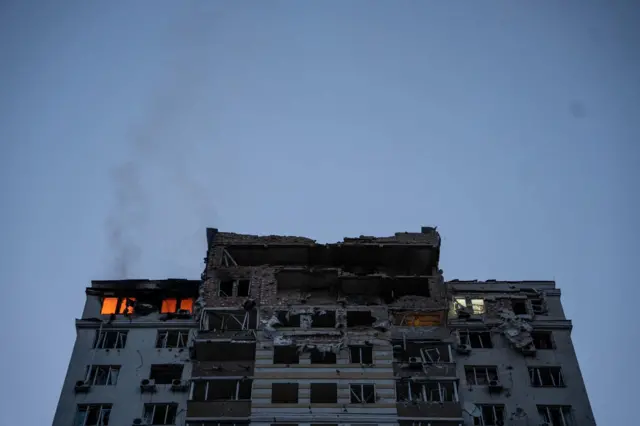 Burning Ukrainian building