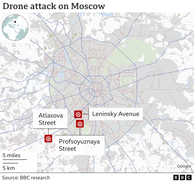 Map showing the confirmed locations of three drone strikes in south and southwest Moscow