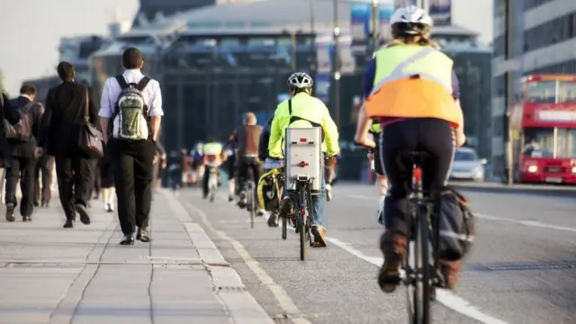 Cyclists in a cycle lane in London.