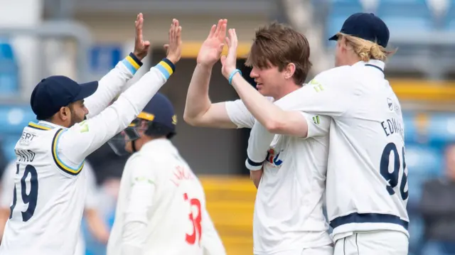 Yorkshire players celebrate a wicket