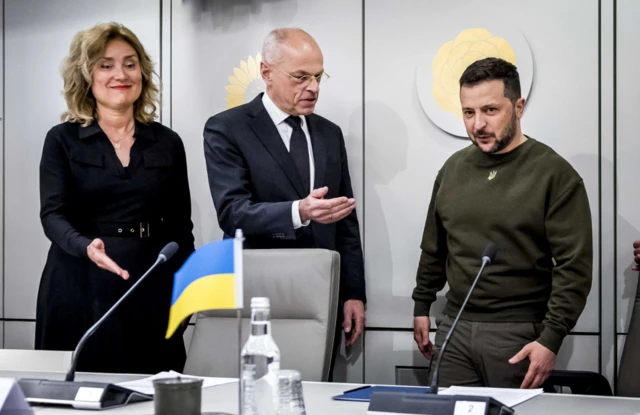 Ukrainian President Volodymyr Zelensky attends a meeting with the President of the Senate Jan Anthonie Bruijn, and the Speaker of the House of Representatives, Vera Bergkamp