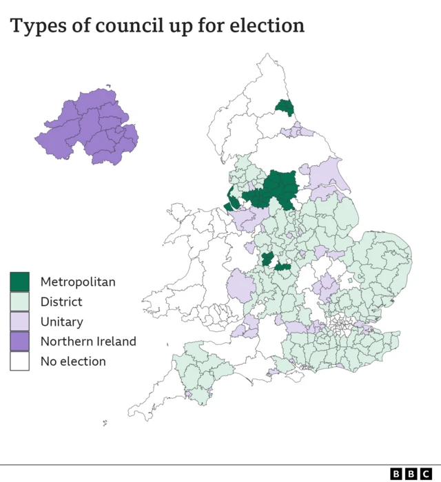 BBC map shows in which areas of England and Northern Ireland local elections are taking this month - whether in metropolitan, district, or unitary authorities