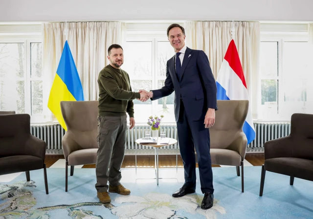 President Zelensky meets Dutch Prime Minister Mark Rutte during his visit at the Catshuis in the Hague