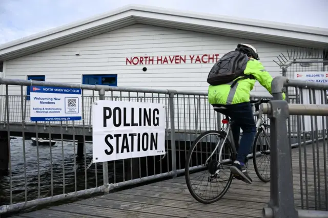 People are seen at North Haven Yacht Club Polling station at Sandbanks, as people go to the polls in the local elections