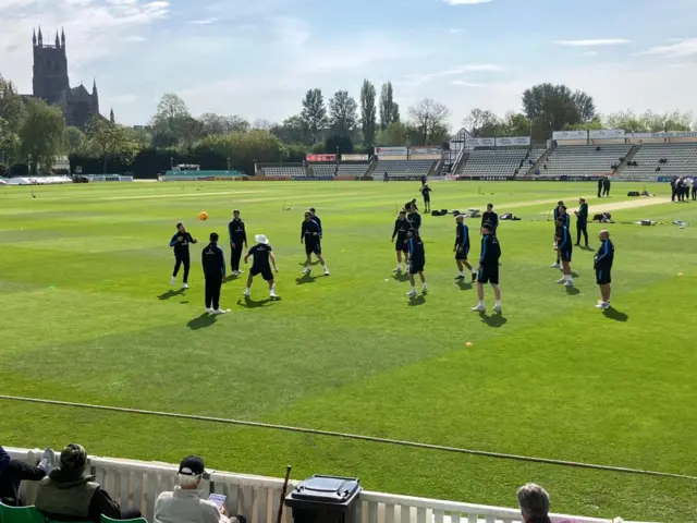 Steve Smith (far left) warms up with Sussex at New Road