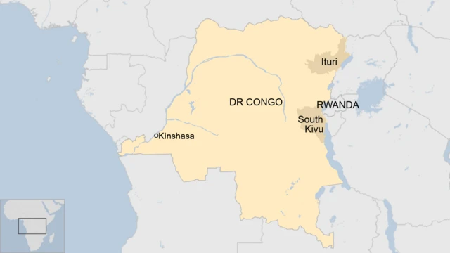 A map showing DR Congo, South Kivu, Ituri and Rwanda.