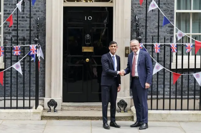 UK Prime Minister Rishi Sunak greets Australian Prime Minister Anthony Albanese outside No 10 Downing St