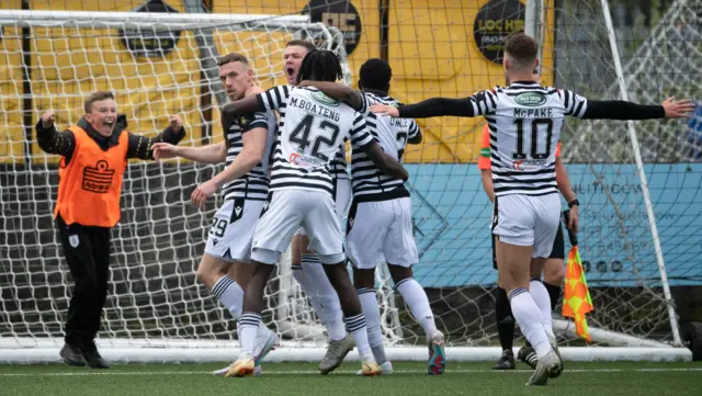 Queen's Park celebrate Connor Shields' goal