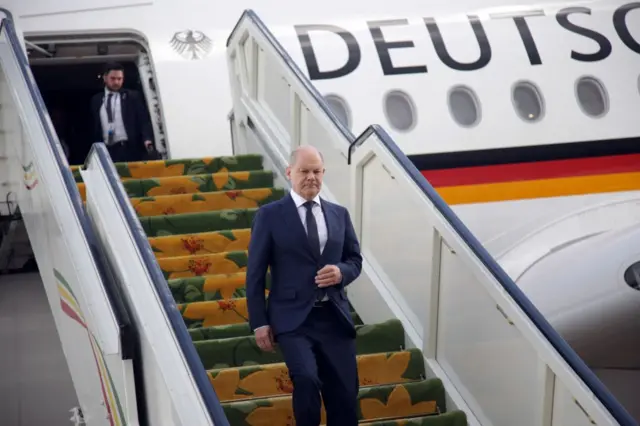 German Chancellor Olaf Scholz arrives at the Bole International Airport in Addis Ababa on May 4 ,2023.