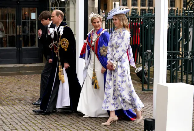 The Duke and Duchess of Edinburgh arriving with Lady Louise Windsor (right) and the Earl of Wessex (left) at Westminster Abbey