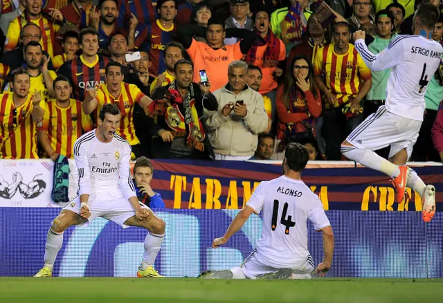 Gareth Bale of Real Madrid reacts after scoring Real's 2nd goal during the opa del Rey Final between Real Madrid and Barcelona at Estadio Mestalla on April 16, 2014 in Valencia, Spain.