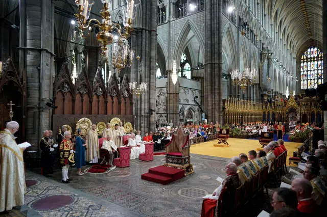 King Charles III and Queen Camilla during their coronation ceremony at Westminster Abbey, London.