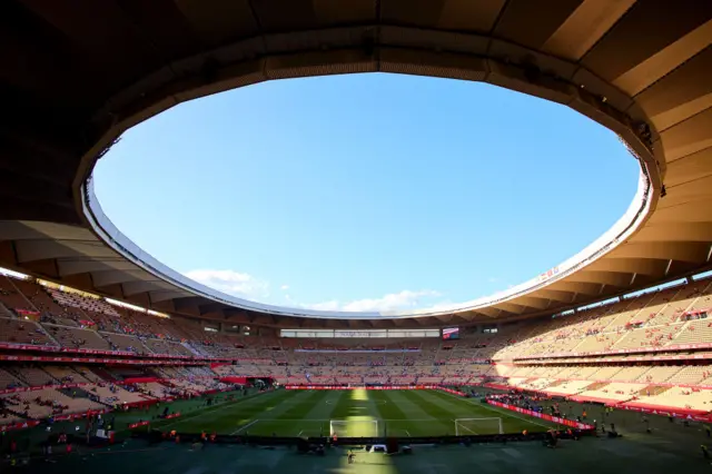 A picture taken on May 6, 2023 shows La Cartuja stadium in Seville ahead of the Spanish Copa del Rey (King's Cup) final football match between Real Madrid CF and CA Osasuna.