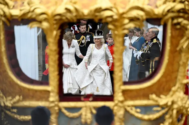 Queen Camilla leaves Westminster Abbey following her coronation ceremony