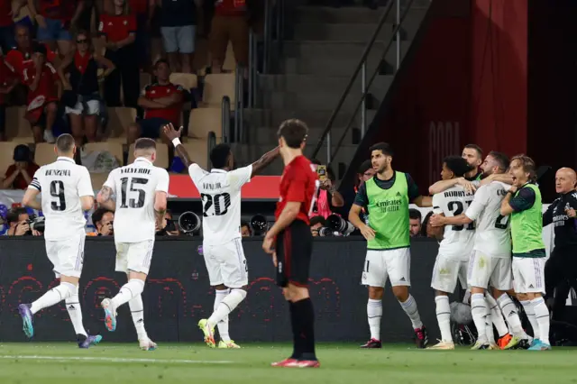 Real Madrid celebrate Rodrygo's second goal in the Copa del Rey final