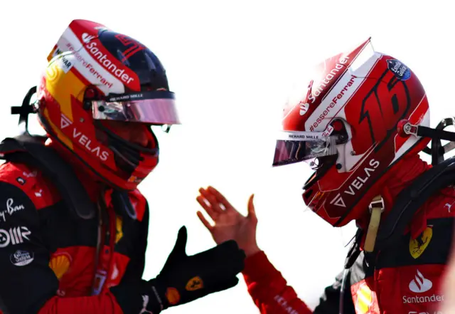 Carlos Sainz and Charles Leclerc celebrate locking out the front row in Miami in 2022