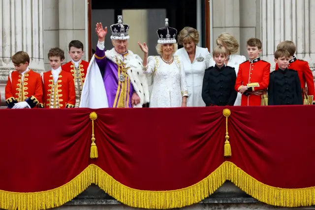 Britain's King Charles and Queen Camilla, Prince George, Annabel Elliot, sister of Queen Camilla, and Fiona Mary Petty-Fitzmaurice, Marchioness of Lansdowne