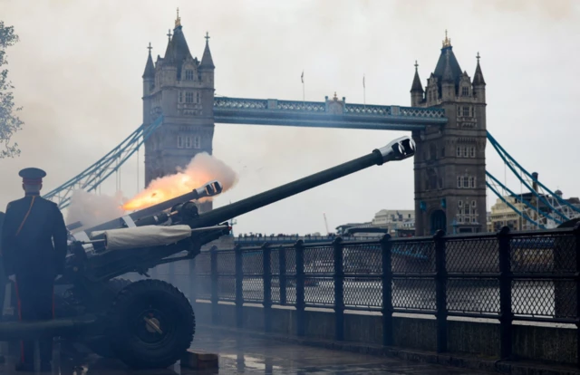 A shot is fired at the Tower of London to mark the crowning of King Charles III