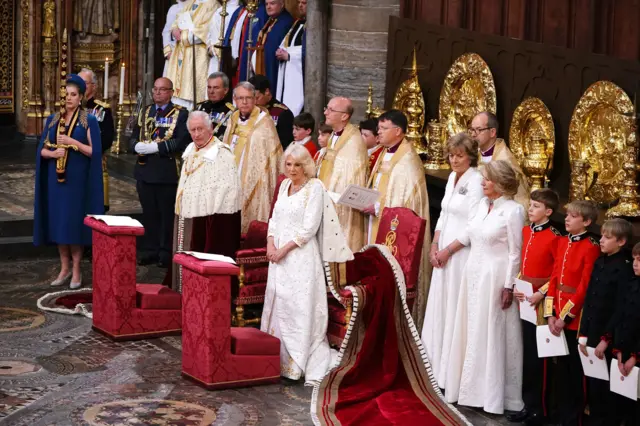 King Charles III and Queen Camilla during their coronation ceremony