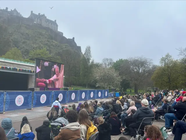 It wasn't long before the crowds formed to watch the Coronation on the big screen with Edinburgh Castle looming somewhat ominously in the background.