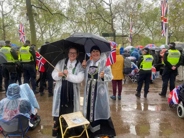 Elisabeth and Inger pose in traditional Norwegian dress