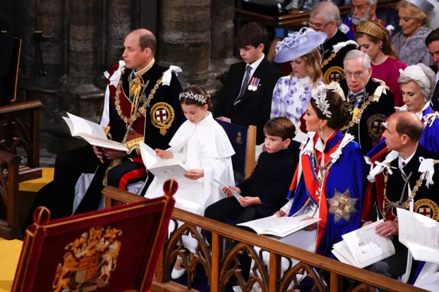 The Prince of Wales, Princess Charlotte, Prince Louis, the Princess of Wales and the Duke of Edinburgh at the coronation