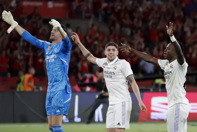 Real Madrid's Thibaut Courtois, Federico Valverde and Vinicius Junior celebrates after winning the Copa del Rey