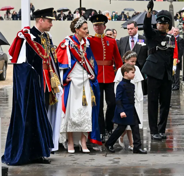 Prince and Princess of Wales proceed to abbey with children