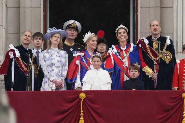 The Duke of Edinburgh, the Earl of Wessex, Lady Louise Windsor, Vice Admiral Sir Tim Laurence, the Duchess of Edinburgh, the Princess Royal, Princess Charlotte, the Princess of Wales, Prince Louis, the Prince of Wales