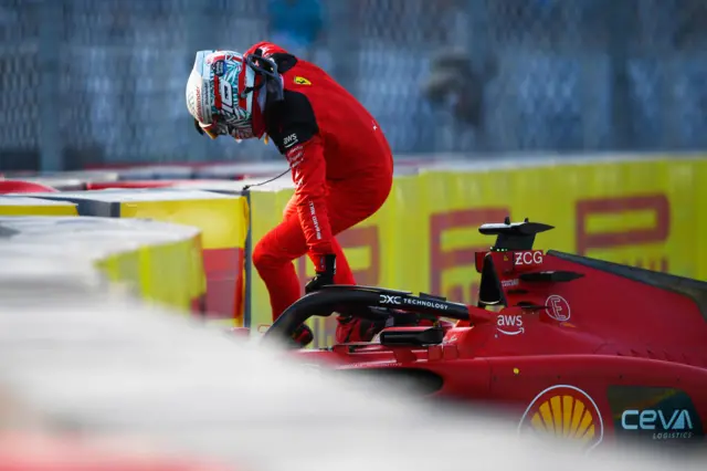 Charles Leclerc climbs out of his Ferrari after crashing in second practice