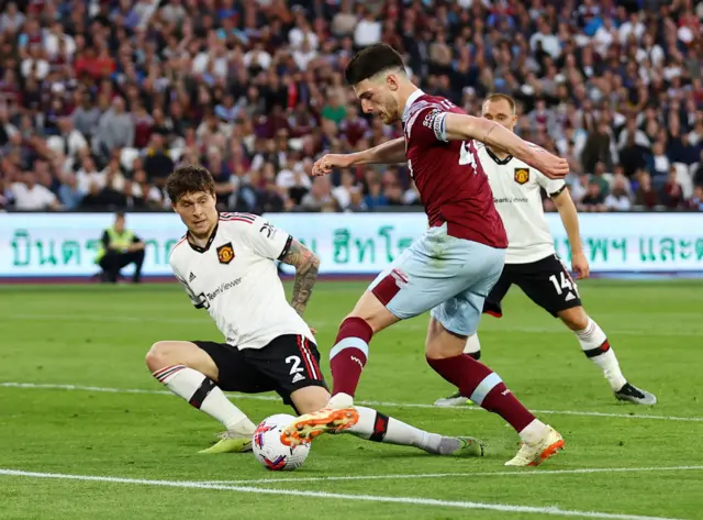 Victor Lindelof in action with West Ham United's Declan Rice