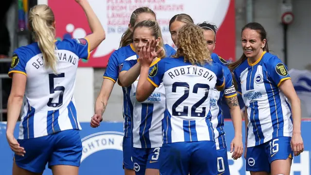 Brighton celebrate after Kayleigh Green scores against West Ham United