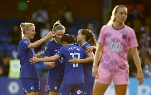 Chelsea's Jessie Fleming celebrates scoring their fifth goal v Everton with teammates