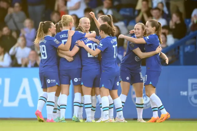 Chelsea celebrate Pernille Harder's goal v Everton in the WSL