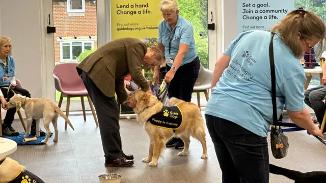 Duke of Edinburgh puts a harness on a guide dog