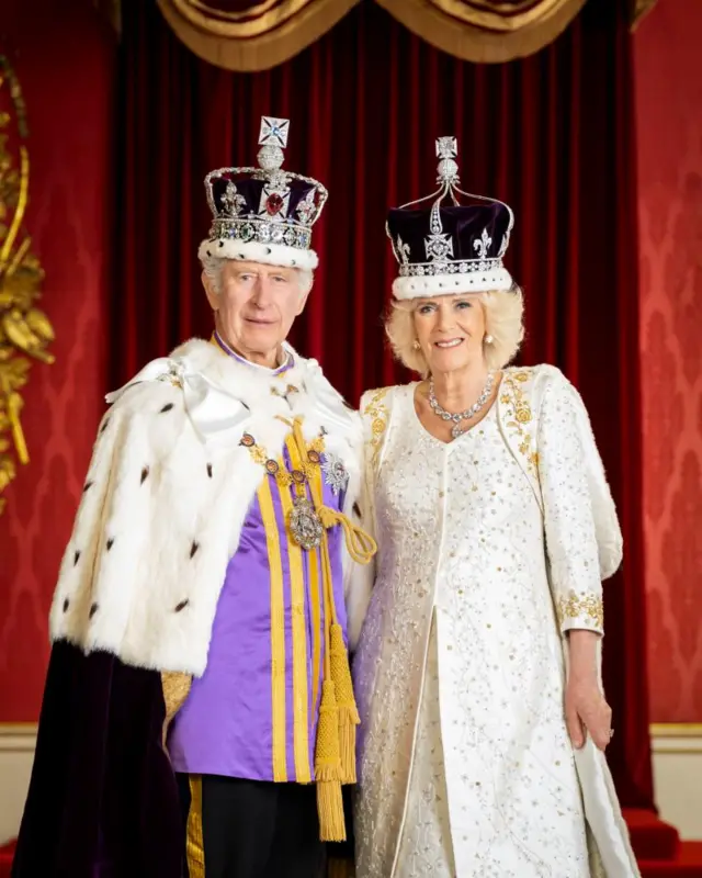 King Charles III and Queen Camilla are pictured in the Throne Room at Buckingham Palace, London