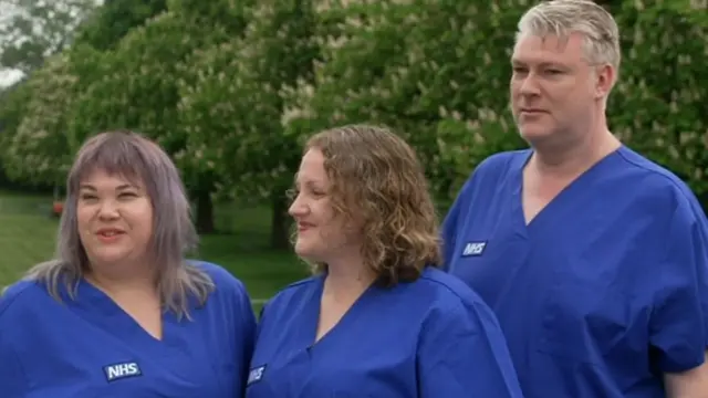 Lucy Vere, Bonnie Gray and Stuart Cutts in medical scrubs