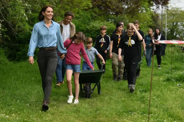 Princess of Wales, Princess Charlotte and Prince Louis helping out at a Scouts hut in Slough