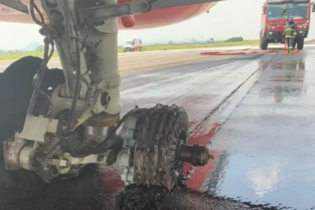 One of the plane tires that burst