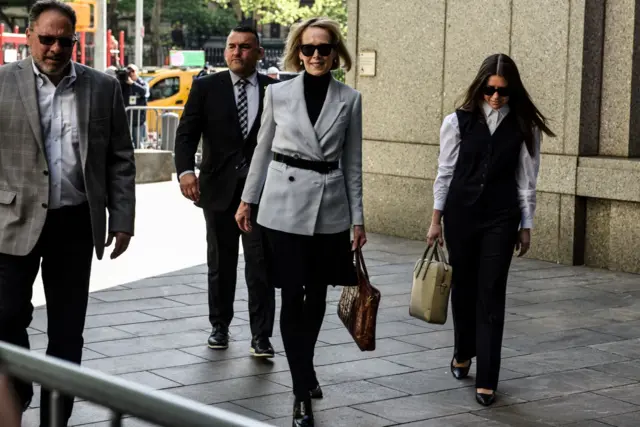 E Jean Carroll arrives for her civil trial against former US President Donald Trump on 8 May 2023 in New York City.