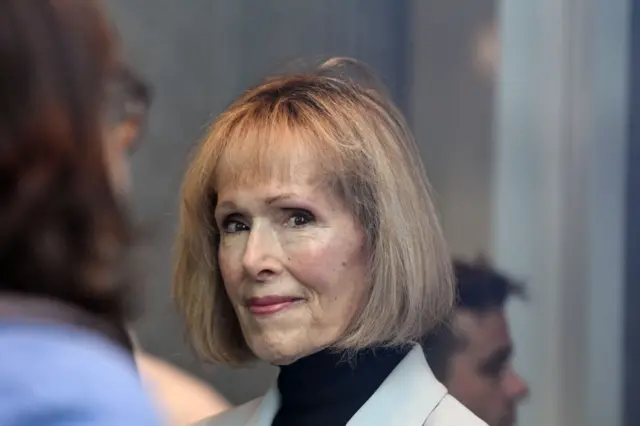 E Jean Carroll arrives for her civil trial against former US President Donald Trump on 8 May 2023 in New York City.