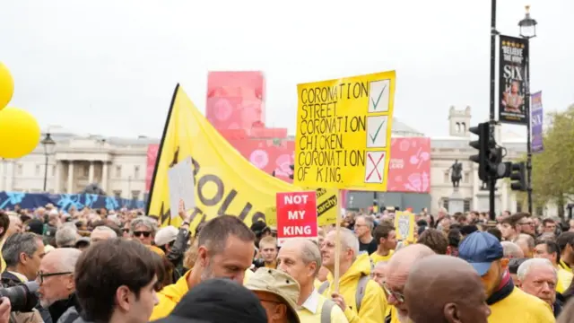 Anti-monarchy protesters stage a demonstration at Trafalgar Square as the King Charles III is crowned at Westminster Abbey in London, United Kingdom on May 06, 2023