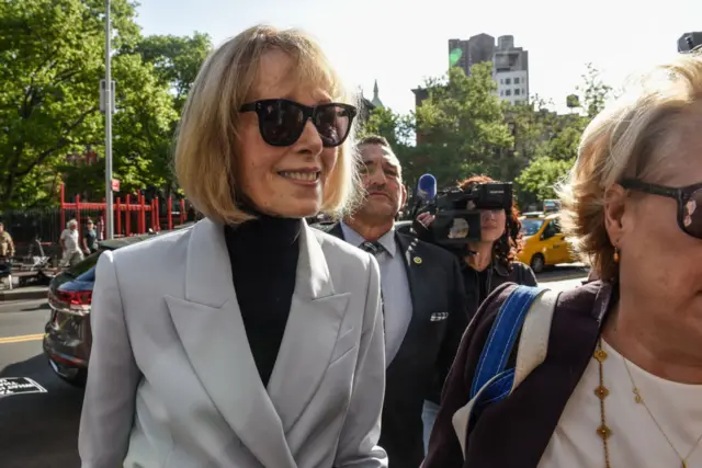 E Jean Carroll arrives for her civil trial against former US President Donald Trump on 8 May 2023 in New York City.